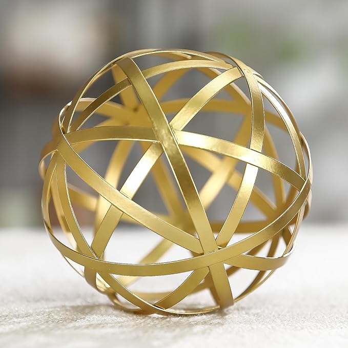 Gold Decorative Sphere, Metal Coffee Table Decor Sculpture, Modern Home Decor Accent for Tabletop, Centerpiece, Shelf Display- Elegant Metal Sphere Decor with Luxury Golden Finish