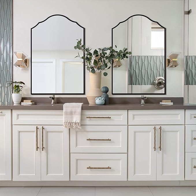 Black Arched Mirror for Bathroom, 36"x24" Bedside Mirrors for Wall with Modern Antique Metal Frame, Large Scalloped Entryway Decor