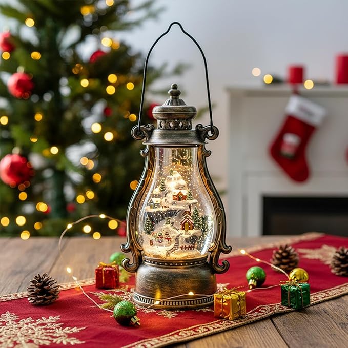 14.2" Christmas Village Buildings Tall Snow Globe Lantern Water Glittering Snowman Family with Music & Timer, USB Lined/Battery Operated Lighted Lantern for Christmas Festival Decoration Gifts