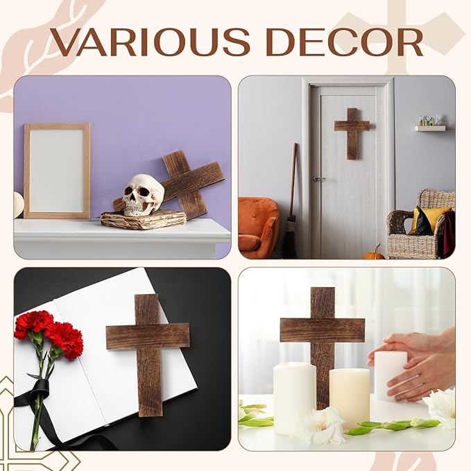 Geelin 4 Pcs Large Wooden Cross Wall Decor 16x11 Inch Hanging Cross for Craft Handmade Antique Religious Gifts Wooden Christians Wall Decor for Room Church Home Room(Brown)