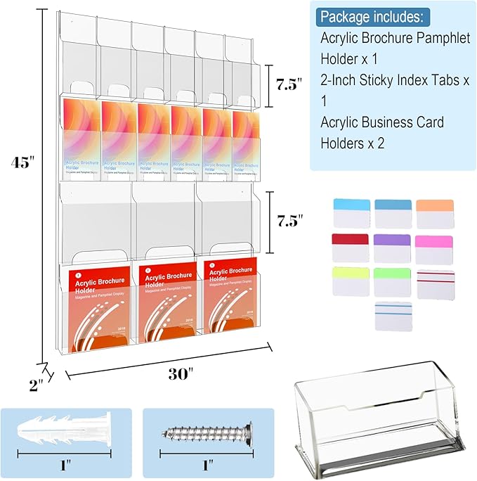 Acrylic Brochure Holder Wall Mount, Magazine and Pamphlet Display, Clear Literature Organizer Rack for 12 Pamphlets and 6 Magazines, Flyer Pamphlet Holder with Business Card Holders and Index Tabs