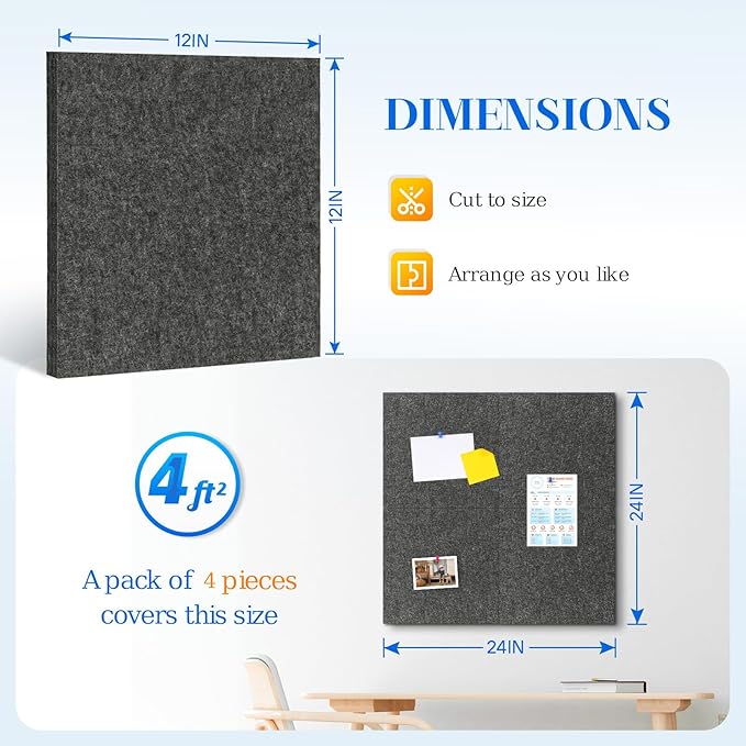 DOLLAR BOSS Felt Cork Board Tiles, 4 Packs 12" x 12" 1/2" Thick Cork Bulletin Board Self Adhesive Acoustic Panels Soundproof Corkboards for Walls with 40 Pushpins for Home Office Kitchen School, Grey