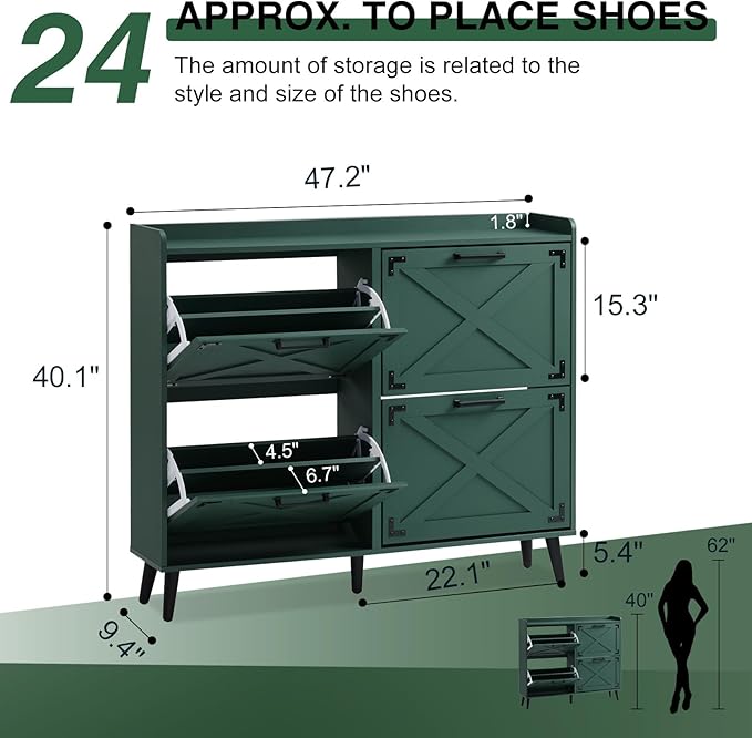 Shoe Storage Cabinet,Farmhouse Shoe Organizer with 4 Flip Drawers & Barn Door Design,Freestanding Hidden Slim Narrow Shoe Rack Cabinet for Entryway,Foyer,Hallway,Green