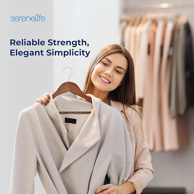 SereneLife 10-Pack Vintage Wooden Suit Hangers – Premium Solid Wood Coat Hangers with 360° Swivel Hook & Notches – Heavy-Duty, Space-Saving Design for Shirts, Jackets, Dresses & More