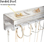 Rustic Necklace Jewelry Organizer - Gray White Wall Mount Jewelry Holder - Mounted Hanging Jewelry Storage Hooks for Necklace, Earrings, and Rings - Farmhouse Wood Decor Bedroom Boho Shelf Rack