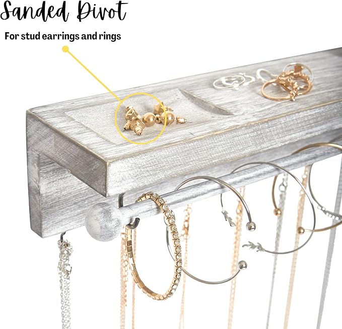 Rustic Necklace Jewelry Organizer - Gray White Wall Mount Jewelry Holder - Mounted Hanging Jewelry Storage Hooks for Necklace, Earrings, and Rings - Farmhouse Wood Decor Bedroom Boho Shelf Rack