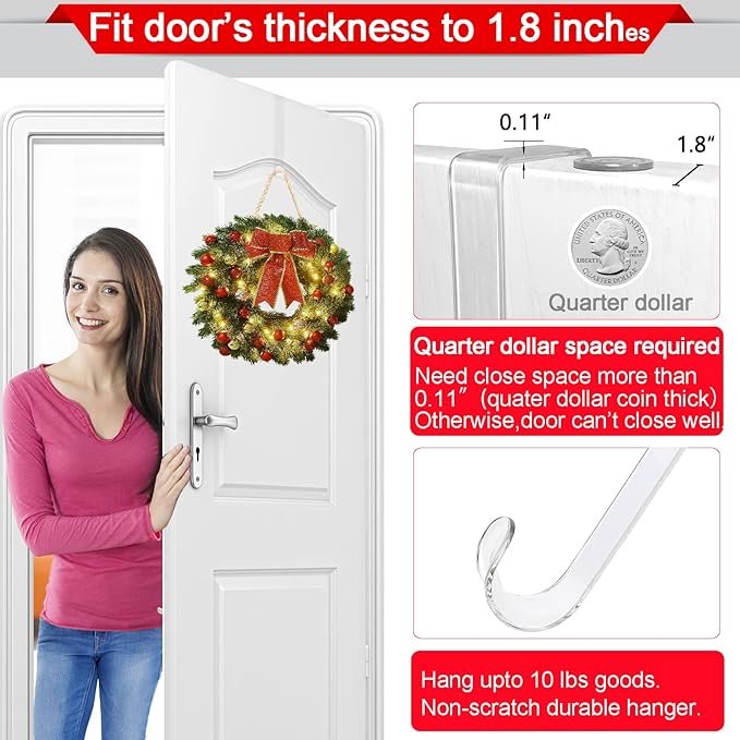 Clear Wreath Hanger Hooks, 15 in, 2 Pack Non Scratch Over The Door Hooks, Fall Halloween Christmas Decorations Indoor Outdoor, Welcome Sign for Front Door Decor
