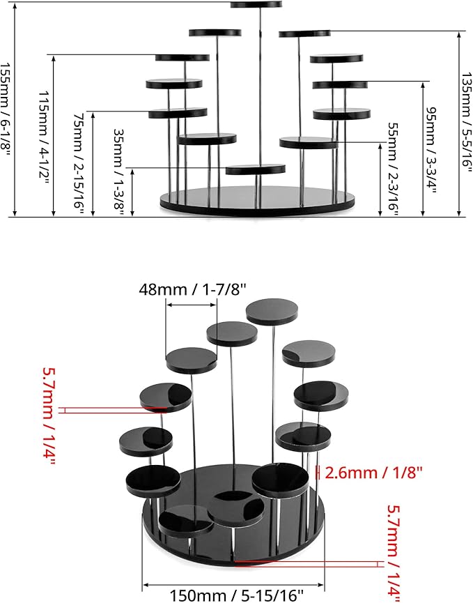 QWORK Round Acrylic Products Display Riser Stands, 12 Tier Jewelry Display Stands for Rings Earrings,Mini Figurines, Black