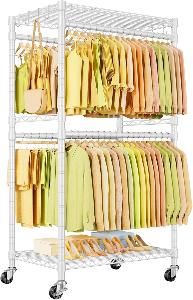 P4 Rolling Clothes Rack Heavy Duty, Clothing Racks for Hanging Clothes, Freestanding Garment Racks with Wheels, Metal Portable Closet Rack 35.5''W × 20.5''D × 80.5''H, Max Load 560Lbs, White