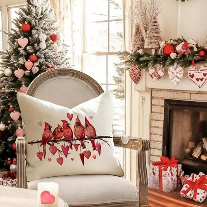 RABUSOFA Valentines Pillow Covers 18x18 inch Valentines Day Decoration Red Love Heart Cardinal Anniversary Wedding Throw Pillowcase for Couch Home Decor(15)