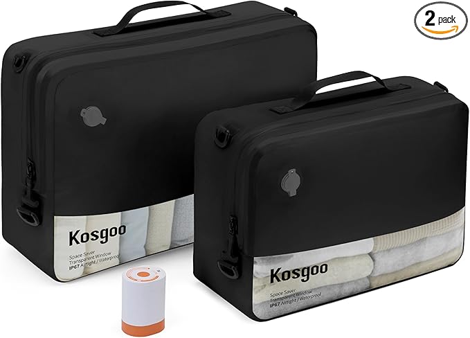 Vacuum Bags for Travel with Pump, Vacuum Compression Packing Bags for Travel Pack Vacuum Kit for Luggage Suitcase Carry On, IP67 Waterproof Odor & Tear-Proof Nylon (2 Pack + Pump Black)
