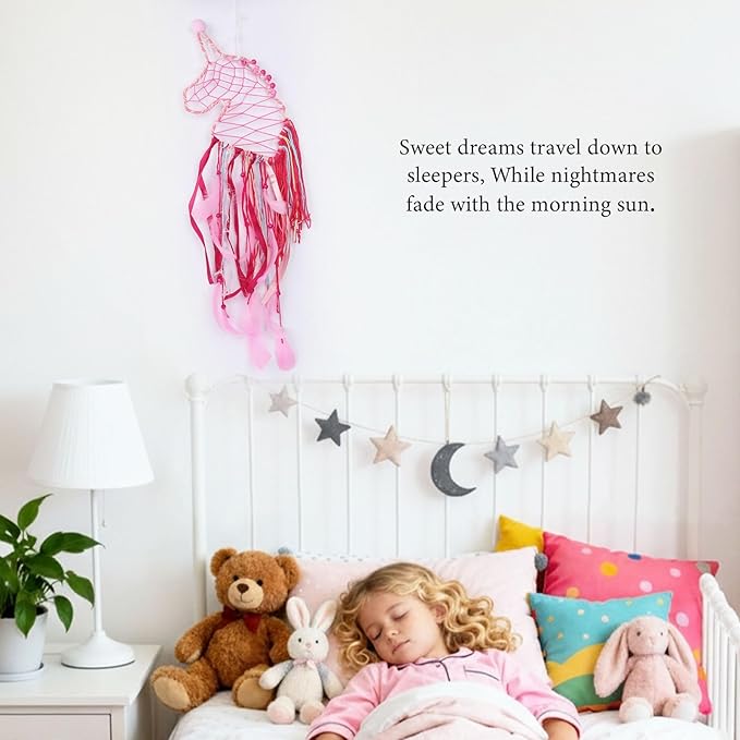 Pretty Jolly Unicorn Dream Catchers for Little Girls Bedroom Handmade Kids Dreamcatcher with Fluffy Pom Poms Feathers&Beads,Nursery Wall Decor for Toddler Girls Room,Children Birthday Gift(Pink)