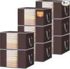 BALEINE 8 Pack Clothes Storage Bags, 16 Gallon Storage Containers with Reinforced Handle, Sturdy Zipper, Closet Organizer for Blanket, Comforter, Pillow, Bedding (Brown, 8 Pack)