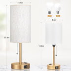 Dicoool Gold Bedside Table Lamp for Bedroom, 17Inch Tall Nightstand Lamp with USB C & A Ports & AC Outlet, 3 Color Temperatures Pull Chain Side Table Lamp for Living Room/Kitchen/Dorm/Office