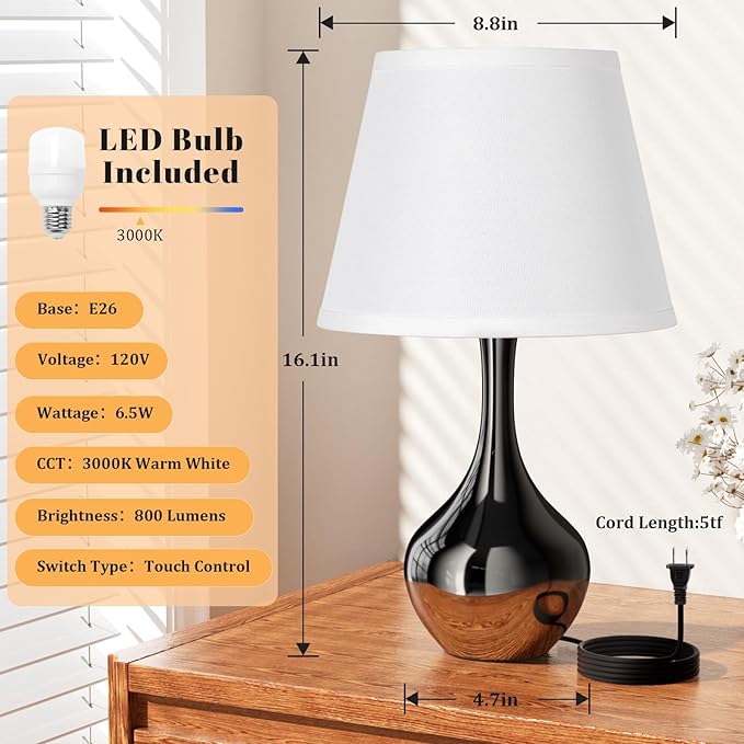 Seealle Touch Table Lamp for Bedroom, 3-Way Dimmable Small Bedside Lamps for Night Stands with Wires, Gloss Black Desk Lamp for Kids Room, Office, Living Room, End Table(LED Bulb Included)