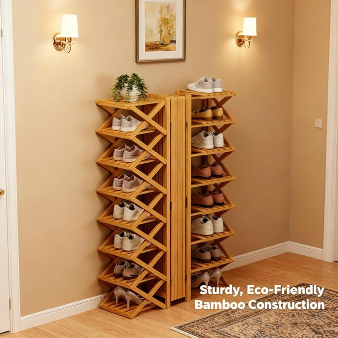 The 9-Tier No-Assembly Bamboo Rack, 2026 Upgraded Foldable Bamboo Shoe Rack, Space-Saving Organizer for Shoes, No Assembly Narrow Shoe Shelf for Entryway Closet Dorm (Nature,5-Tier)