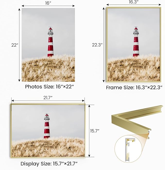 16x22 Aluminum Metal Picture Frame,Tempered Glass Gold Photo Frame 16x22 for Family Photo,Posters,Art,Document to Wall Mount Horizontally or Vertically