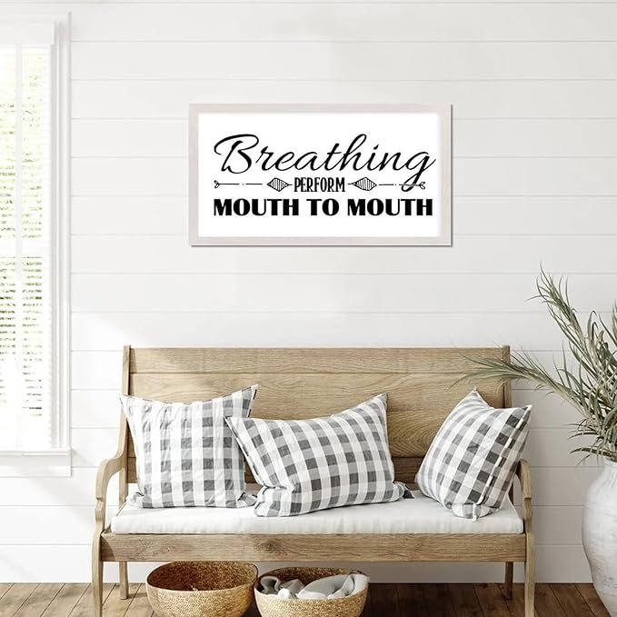 Country Style 12x22in Wooden Wall Plaque with Inspirational Quotes Breathing Perform Mouth to Mouth Family Lettering White Frame Wooden Plaque for Bathroom Farmhouse Porch Cottage Wall Decor