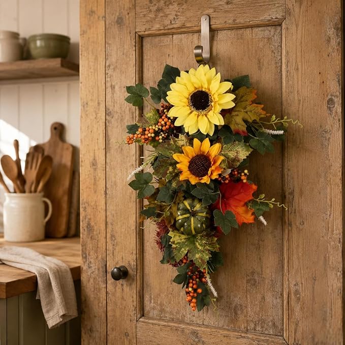 Blossoms Pumpkin Swag Artificial Autumn Door Swag Tree-Shaped Entryway Decor