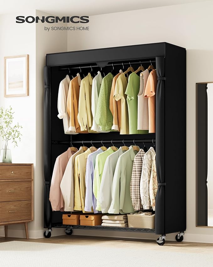 SONGMICS Heavy-Duty Rolling Clothes Rack, Garment Rack, Portable Closet on Wheels, with Adjustable Mesh Shelves and Hanging Rails, Fabric Cover, 15.8 x 43.3 x 78.3 Inches, Ink Black ULGR419BH01