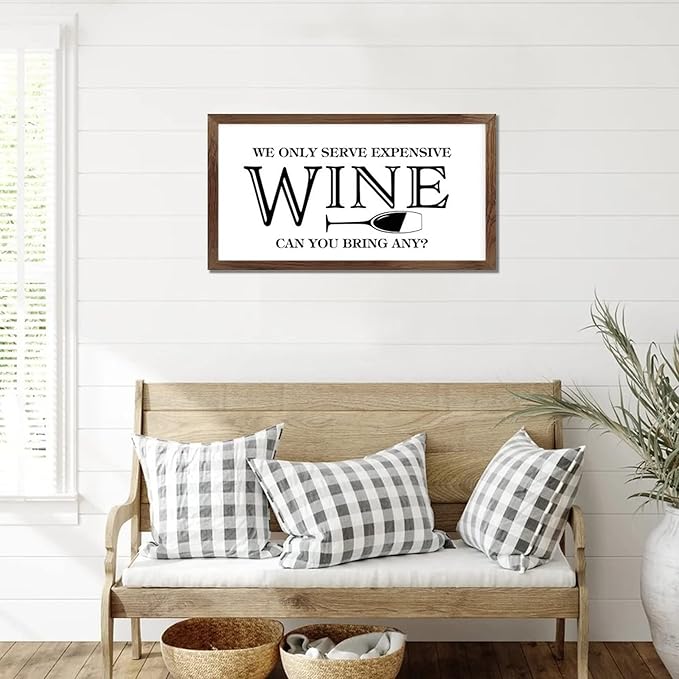 Family Lettering 12x22in Hanging Wall Sign with Life Positive Quote We Only Serve Expensive Wine Apricot Frame Wooden Plaque Birthday Housewarming Gift for Cottage Home Farmhouse Porch Wall Decor
