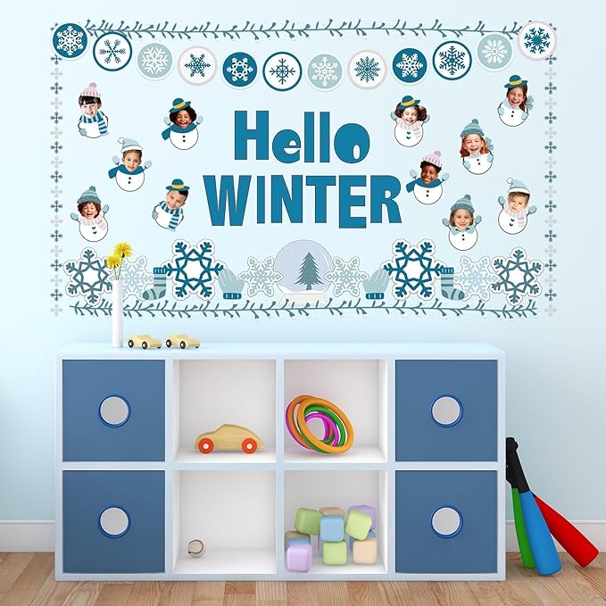 Hello Winter Bulletin Board Set Snowflake Border Classroom Decorations DIY Photo Holiday Snowman Paper Cutouts for Christmas Chalkboard School Home Wall Teacher Supplies