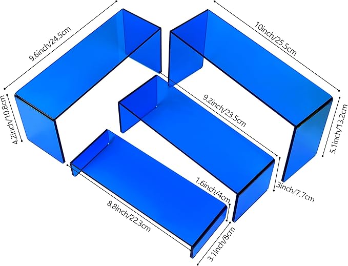 ELEGANTLIFE Acrylic Display Risers Set of 4, 4-Level Tiered Display Stands for Cupcakes, Small Figures & Jewelry, Compact Countertop Display Shelf, Multiple Colors Available (Translucent Blue)