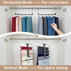 Pants Hangers Space Saving, 5 Tier Jeans Hanger for Closet, Black Multiple Heavy Duty Stainless Steel Pant Rack for Trousers, Legging with 20 Clips (4 Pack)