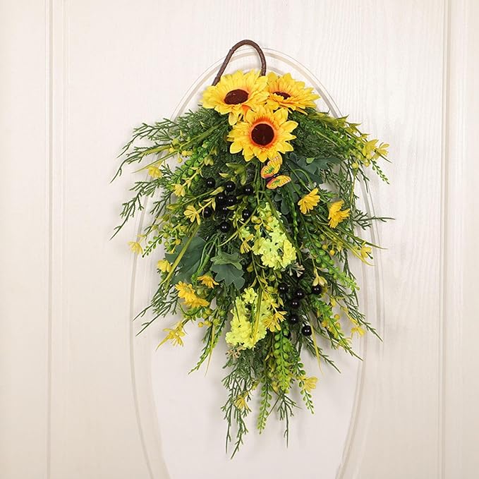 Artificial Flower Teardrop Swag Wreath Handmade with Sunflower Hyacinth Garland Simulation Flowers Hanging Plant Decorative Welcome Sign Suitable for