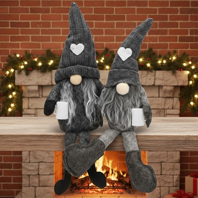 2Pcs Coffee Gnomes Plush Doll - Swedish Tomte Elf Dwarf Figurines, Scandinavian Collectible Gnome Decor, Dangle Leg Shelf Sitters for Home Kitchen Bar Farmhouse Decoration, Coffee Lover Gifts
