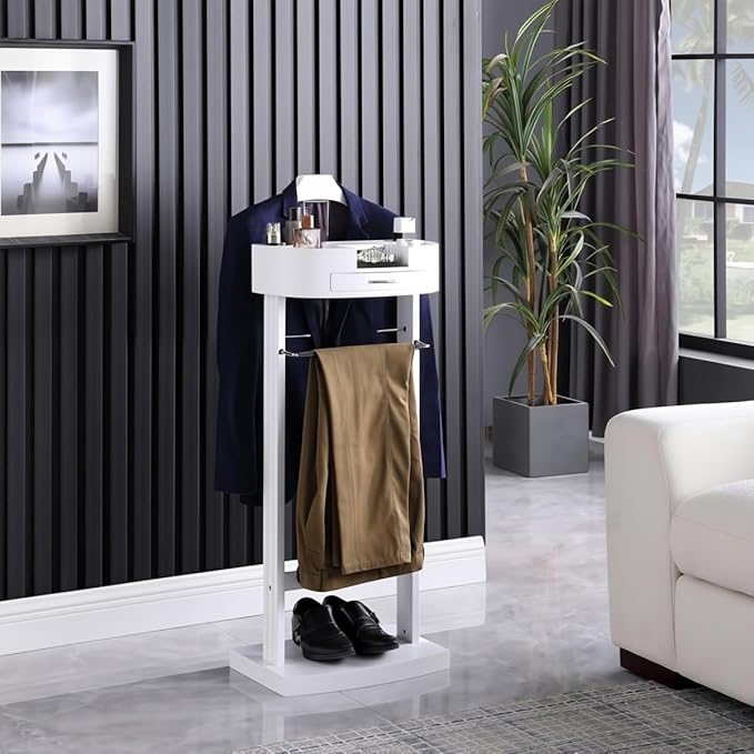 White Valet Stand For Women With Drawer Wood Suit Stand For Mens with Contour Hanger Trouser Shoe Rack Tie & Belt Stand Organizer Clothing Rack For Office Hotel Living Room Coat Rack(White)