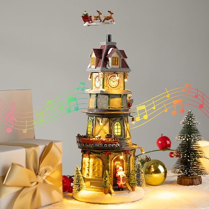 Christmas Village Houses Christmas Collectible Buildings Bell Tower with LED Lights,Xmas Vacation Village Musical with USB Indoor Display Figurines Decoration