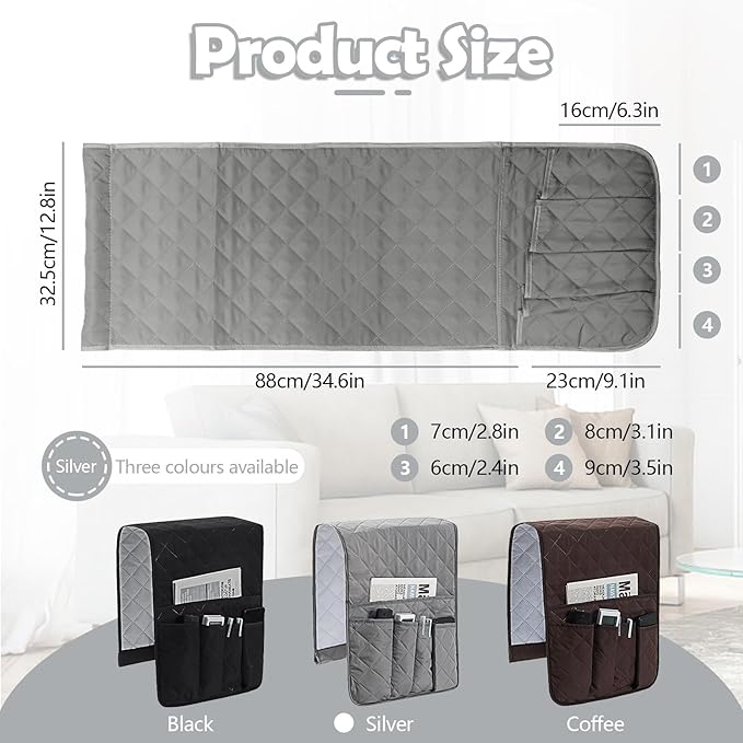 Huakaile Foldable Remote Control Holder Non-Slip Couch Sofa Chair Waterproof Armrest Organizer with 5 Pockets Armrest Organizer Couch Recliner Caddy Fits for Ipad, Phone, Magazines (Grey)