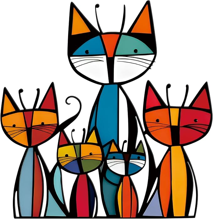 Wesiti Cat Wall Art Decor Iron Wall Sculptures Decor for Cats Lover 10.2 x 11.8 Inches Colorful Mid Century Cat Retro Signs for Home Living Room Bedroom Kitchen Office(Trendy)
