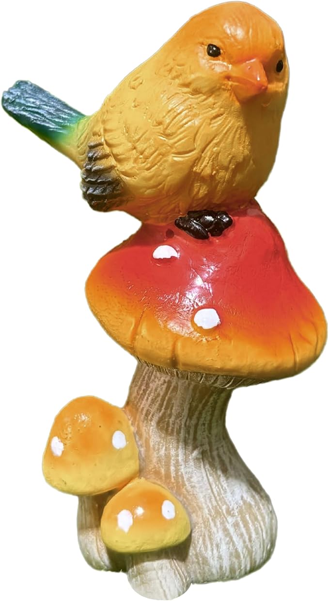 Birds Mushroom Resin Statue - Bird Stand on Mushroom Garden Decor Bright Yellow Small Bird Sculpture Figurine for Indoor Home Shelf Outdoor Backyard Yard Porch Patio Lawn Decorations