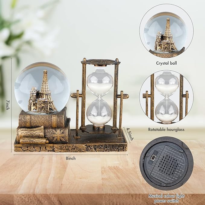 LED MusicCrystal Snow Globe， Sand Timer ，Hourglass,Home Decor,Table Decor for Living Room ，Office Desk Decorations[Brass Tower ]