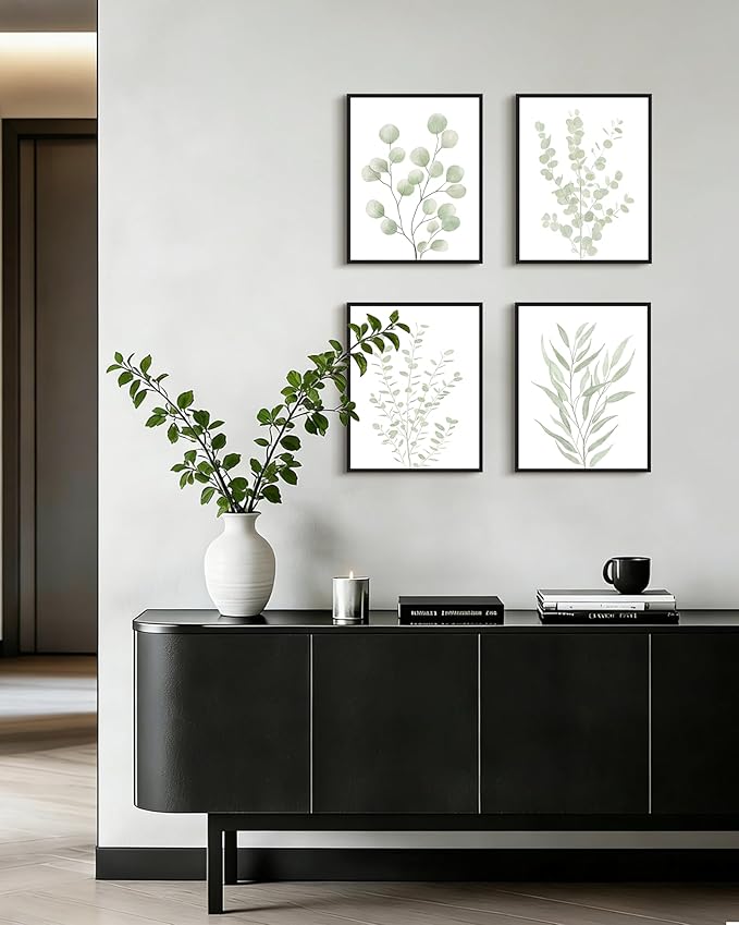 Drsoum Botanical Plant Framed Wall Art Boho Wall Decor for Bathroom Sage Green Eucalyptus Leaf Prints Minimalist Aesthetic Ready to Hang Set of 4, 11x14 in (Black Framed)