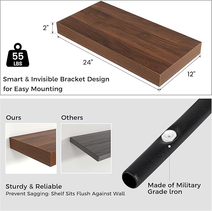 Venusmiles Floating Shelves for Wall, 24 Inch Wide x 12 Inch Deep Floating Shelves, Long Wood Floating Wall Shelf Shelves for Living Room Bathroom Bedroom Kitchen Home - (Walnut, 24" W x 12" D x 2" H)