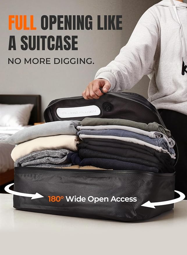 Vacuum Bags for Travel with Wireless Pump, 180° Open Zipper, IP67 Waterproof, Reusable Space Saver Compression Bags for Backpack, Suitcase, Home Storage(3 Pack + Pump)