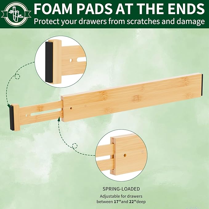 4 Pack Bamboo Drawer Dividers 2.6" High,Adjustable Spring Loaded Clothes Drawer Organizers for Kitchen, Dresser, Bathroom, Bedroom and Office