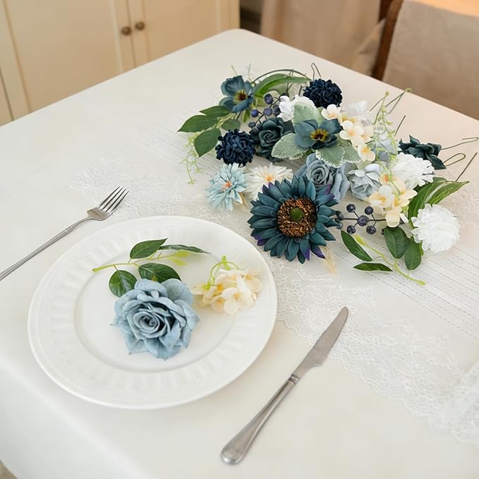 Idyllic Blue Artificial Flower Box, Wedding Table Centerpiece, Party Decoration Floral Arrangement in Box, Ready-to-Use Home Decor