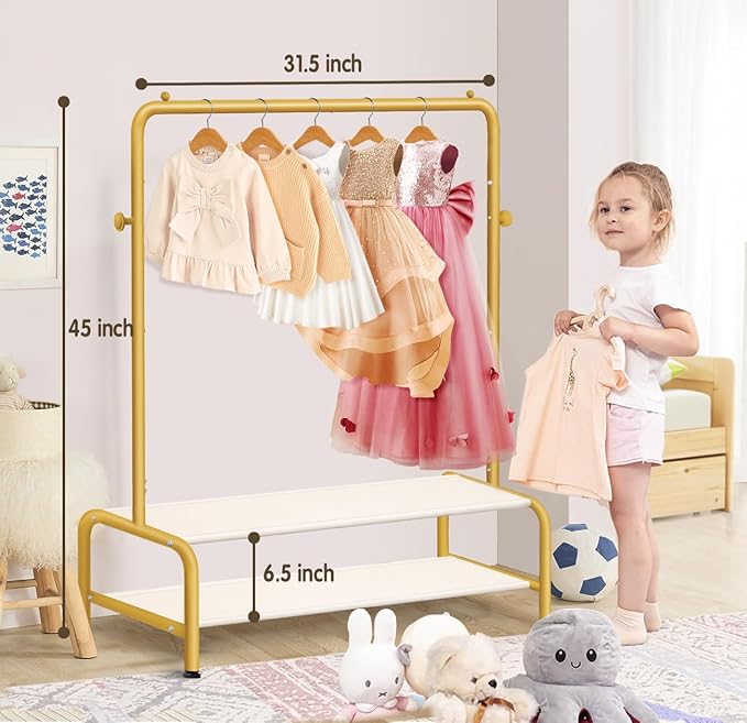 Kids Gold Clothing Rack - Dress Up Clothes Rack - Baby Toddler Closet - Freestanding Coat Racks with 2 Fabric Shelves - Small Kids Costume Wardrobe - Garment Rack for Hanging Clothes Organizer