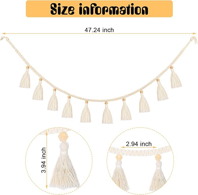 Tatuo Boho Macrame Tassel Garland for Classroom Decor Hanging Tassel Garland Bunting Boho Classroom Decor for Nursery Room Birthday Party Bedroom Dorm(4 Pieces,47.2 Inch)
