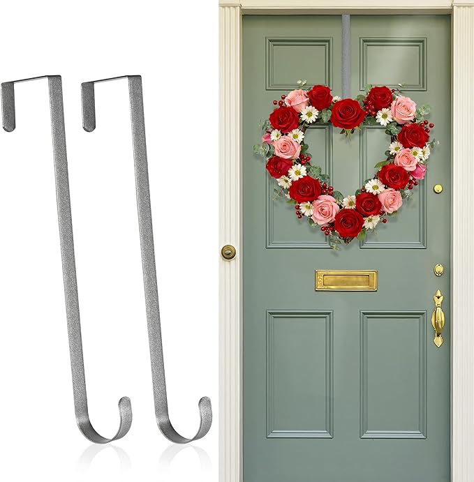 2 Pack Wreath Hangers for Front Door,14 Inch Wreath Hanger Hook for Front Porch Decor,Metal Over The Door Hooks Hanger for Halloween Fall Christmas Decorations Outdoor Indoor Home Decor,Silver
