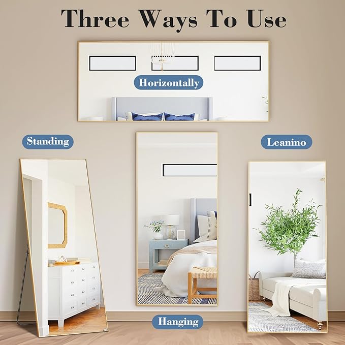 DUMOS 64"x21" Full Length Mirror with Stand, Floor Standing Aluminum Frame, ShatterProof Nano Glass for Bedroom, Living Room, Cloakroom Modern Simple Home Decor, Can Be Hanging, Leaning or Wall, Gold