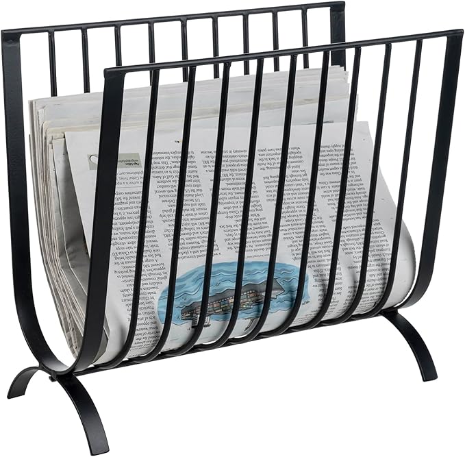 MyGift Matte Black Metal Magazine Rack, Deluxe Mid Century Wire Magazine Rack, Tabletop or Floor Standing Sling Basket for Magazines and Newspapers
