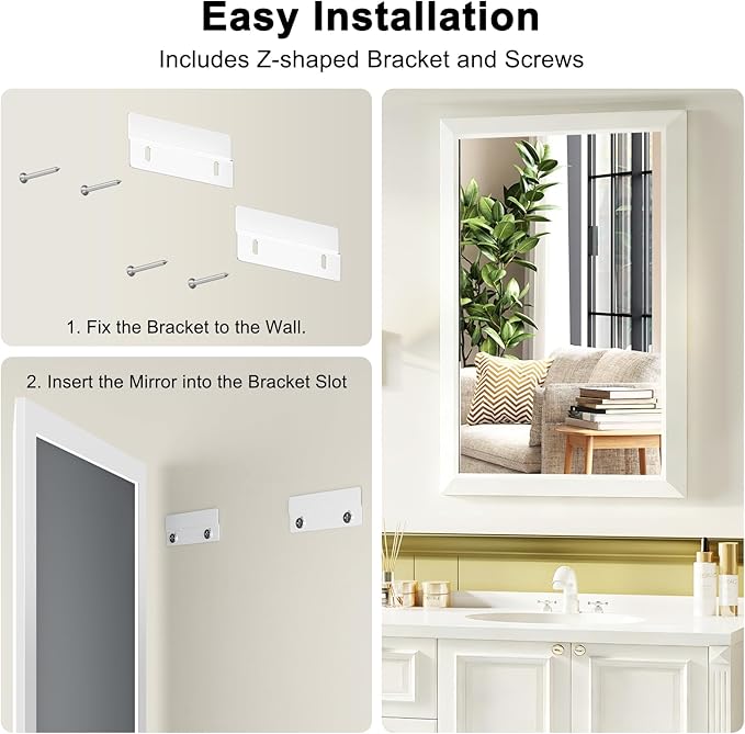 Bathroom Mirror for Over Sink,24x36Inch White Thick Anti-Rust Metal Frame, Rectangle Decorative Wall Mirror with HD Tempered Glass, Horizontal or Vertical Mount for Vanity, Bathroom,Living Room