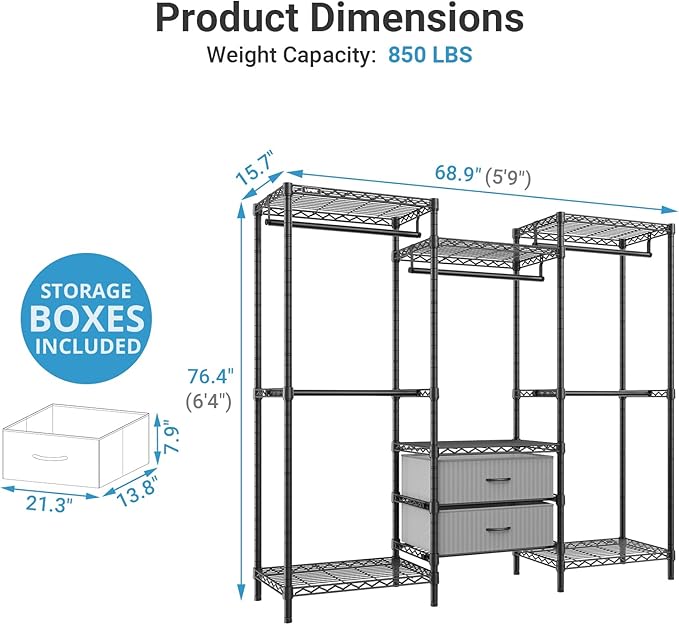 VIPEK V20 Plus Clothes Rack, Metal Clothing Rack with 6 Shelves, 5 Hanging Rods & 2 Fabric Drawers, Freestanding Garment Rack for Bedroom & Walk-in Closet, Large Wardrobe Closet Max Load 850LBS, Black