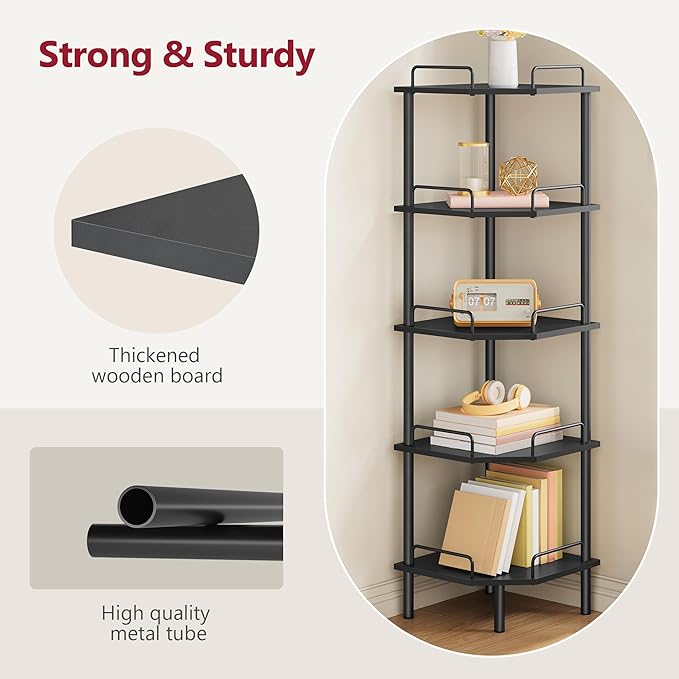 Tajsoon Corner Shelf Stand, 5 Tier Industrial Corner Shelves, Multipurpose Standing Display Shelf, Corner Shelving Unit for Bedroom, Living Room, Office, Kitchen, Black