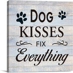 Funny Farmhouse Dog Canvas Wall Art Decor Dog Kisses Fix Everything Rustic Sign Painting Plaque Vintage Animal Pictures Print Home Decoration (8 X 8 Inches, Framed)